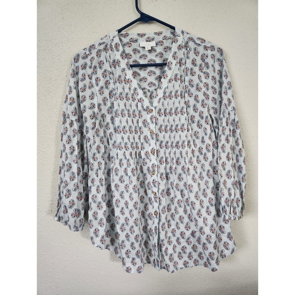 J. Jill 3/4 Sleeve Pleated Button Down Top Paisley Pattern Light Blue‎ Womens XS - Picture 1 of 8
